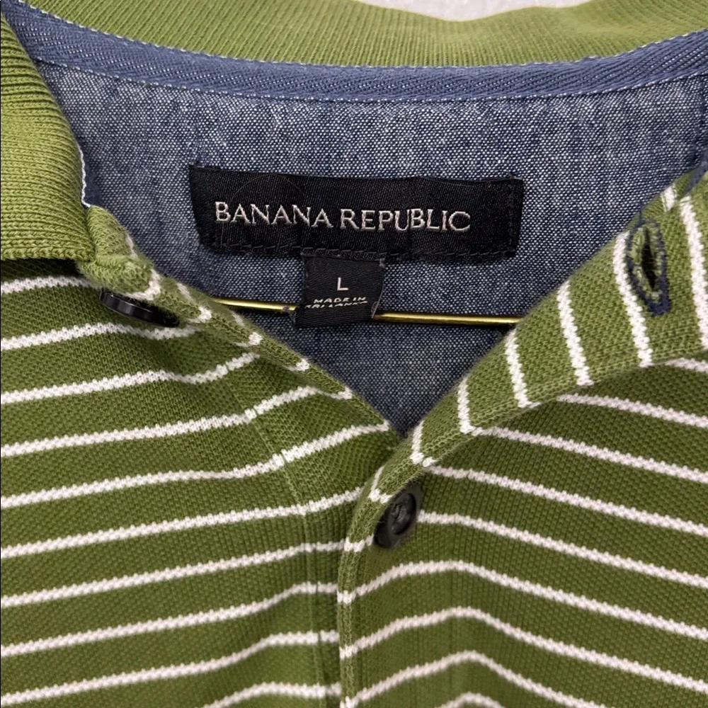 BANANA REPUBLIC Button Front Green Striped Polo Golf Shirt Men's Size Large